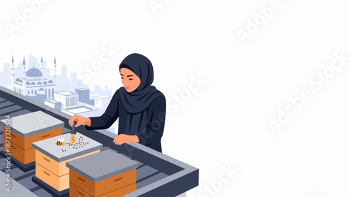 Woman managing honey production, wearing hijab, carefully inspects beehives on conveyor belt. Industrial honey production setting, cityscape with mosques. Concept honey production for agribusiness,