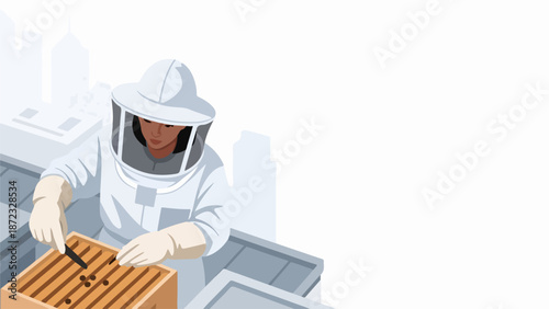 Beekeeping apiary shows person in protective suit inspecting beehive, worker bees on honeycomb. Beekeeping apiary management ensures colony health, sustainable honey production.