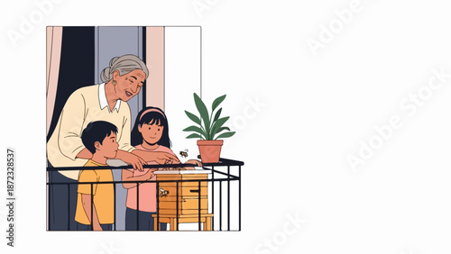 Elderly grandmother grandchildren enjoying time on apartment balcony, sharing curious moment. Caring grandmother grandchildren leaning on railing, observing small bee near potted plant.