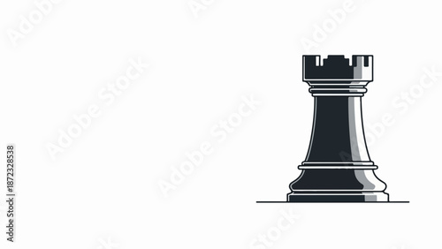 Detailed black chess rook piece illustration, a fundamental element in strategy games, presented cleanly on white background. Chess rook represents strength and tactical thinking for players.