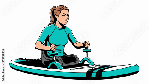 Woman riding water bike, enjoying recreational activity on calm water. Modern water bike offers comfortable seat, pedal system for lake exploration, fitness.
