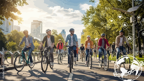 Group of diverse people enjoying urban cycling on tree lined street with city buildings. Urban cycling promotes eco friendly transportation, healthy lifestyle, integrating digital connectivity,
