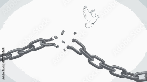 Freedom concept illustration of heavy chain breaking apart, symbolizing liberation and release. Powerful freedom concept depicts white dove flying upwards, representing peace and new beginnings.