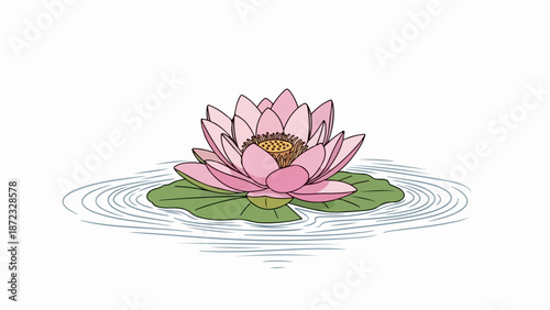 Pink lotus flower with delicate petals and green leaves floating on calm water. Serene lotus flower embodies peace, spiritual tranquility, and natural beauty with gentle ripples.