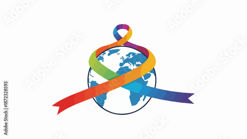 Global unity ribbon wrapped around earth planet. Colorful ribbon signifies global unity, promoting peace and understanding across diverse cultures.