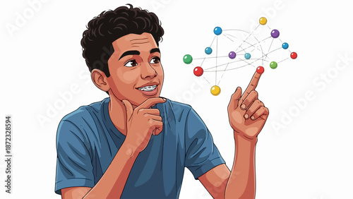 Young man engaged in creative thinking, observing a complex network of interconnected colorful spheres. His expression shows deep concentration and innovative spirit,