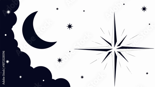 Artistic night sky composition featuring crescent moon and shining star on celestial background. Night sky elements include dark stylized clouds and small twinkling stars,
