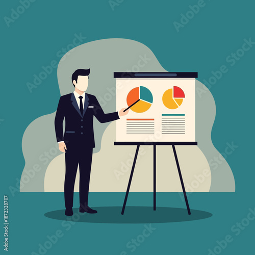 Professional businessman in a dark suit points with a stick to colorful pie charts displayed on an easel during a corporate data presentation.