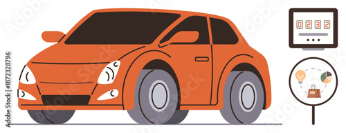 Transportation, automotive design, data analytics, e-commerce, vehicle technology, connectivity. Orange compact car, dashboard analytics magnifying glass with shopping and data icons. Automotive