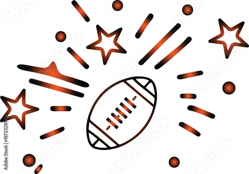 A vibrant illustration of an american football surrounded by shining stars and dynamic splashes perfect for sports graphics on transparent background