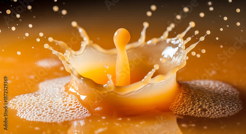 A vibrant orange liquid crown erupts from a smooth surface, capturing the fleeting moment of impact and showcasing the intricate details of the splash with a warm and inviting color palette