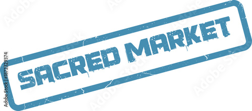 This weathered blue rubber stamp features the distinct words Sacred Market for spiritual and traditional commerce
