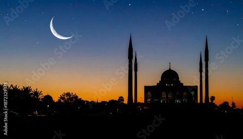 Serene Mosque Silhouette at Dusk with Crescent Moon.