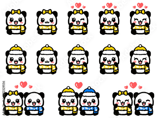 冬のお座りパンダの落書きイラスト素材セット3