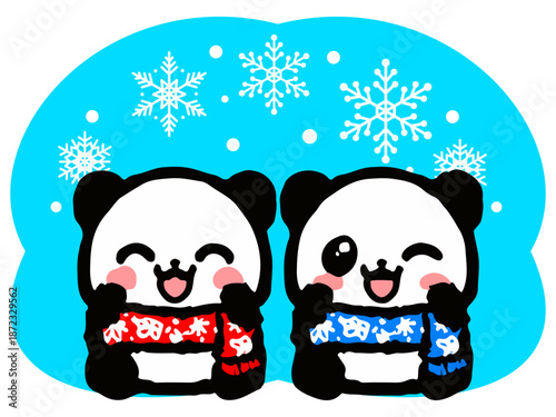 	冬のお座りパンダの落書きイラスト素材3