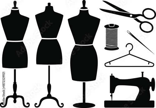 Fashion design tools and equipment on white background