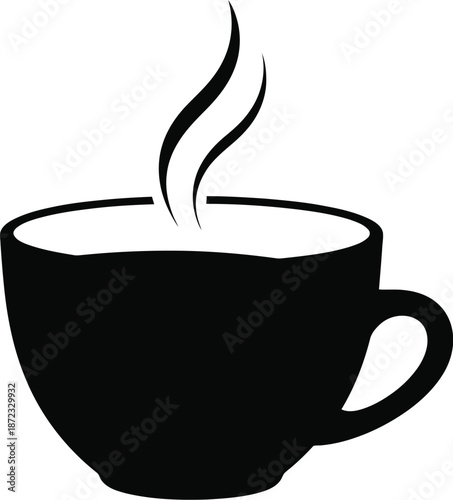 Simple black and white silhouette icon depicting a hot beverage in a ceramic cup with stylized rising steam perfect for cafe branding or morning refreshment graphics