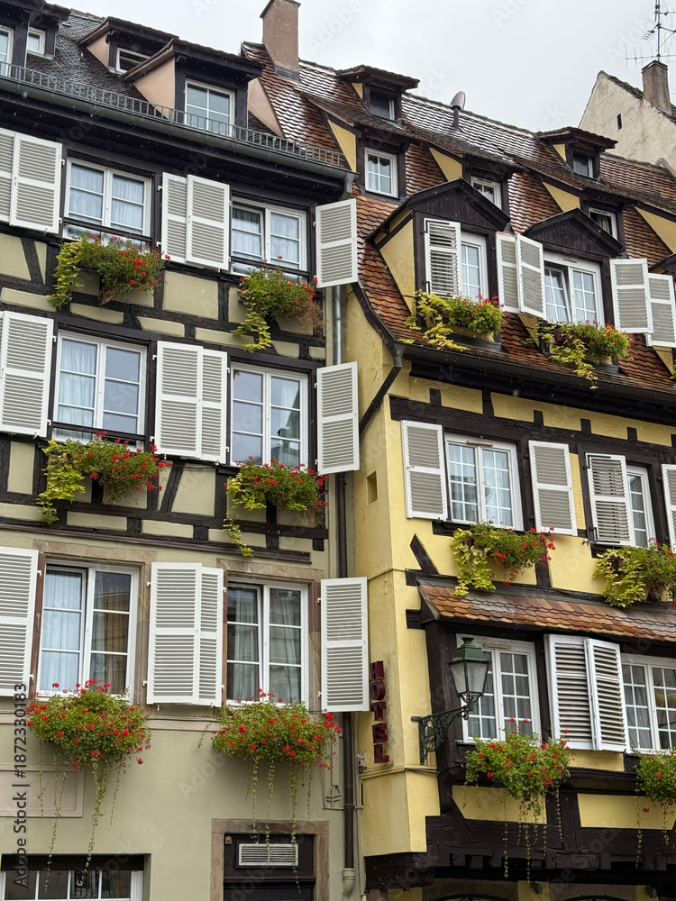 Fototapeta premium Charming half-timbered houses in Alsace with yellow walls, dark wooden beams, white shutters, and vibrant red geraniums in window boxes. Classic European old town architecture.