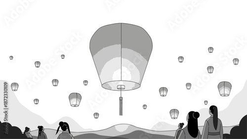 Traditional sky lantern festival at night, people watching glowing lanterns flying over mountains illustration.