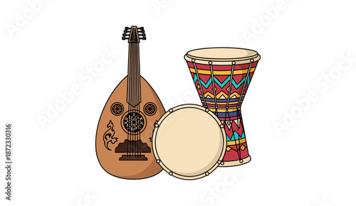 Traditional Arabic musical instruments illustration featuring Oud lute and Darbuka drum.