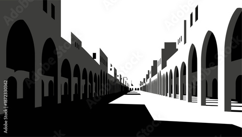 Minimalist vector illustration of a long street lined with traditional Middle Eastern buildings featuring tall arched doorways and geometric architectural shapes.