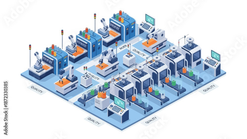 An isometric illustration of a modern automated factory with robotic arms, conveyor belts, and quality control stations.