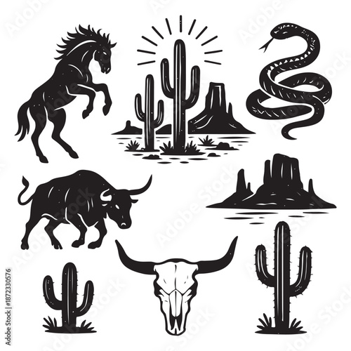 Western Desert Linocut Print Set – Boho Cactus, Canyon Wildlife & Rodeo Icons