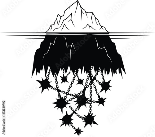 The perilous depths: an unsettling iceberg revealing hidden dangers and chained threats isolated on white background, Vector