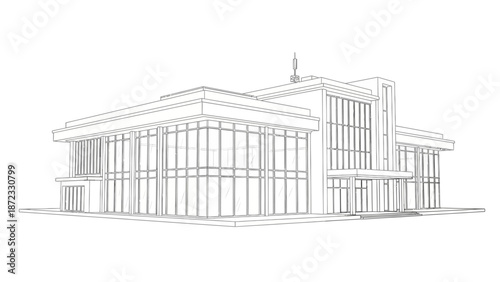 A detailed architectural line drawing of a modern building with large glass windows and a prominent entrance.