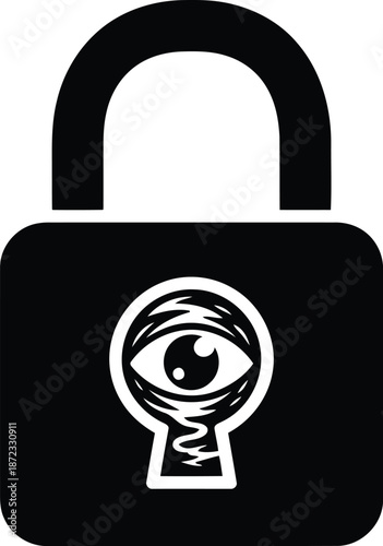Padlock with an enigmatic eye in the keyhole symbolizing security and surveillance isolated on white background, Vector