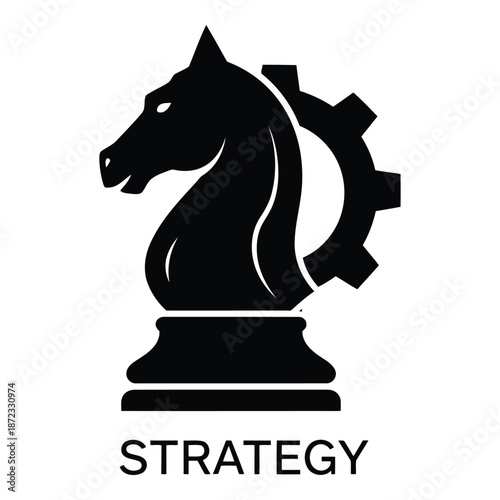 A chess knight and gear symbol icon representing strategic planning and execution isolated on white background, Vector
