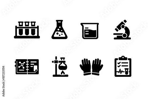  Laboratory Learning. Filled icon set of Laboratory Learning: test tubes rack, chemical flask