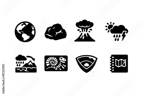  Earth Science. Filled icon set of Earth Science: globe earth, rock sample, volcano eruption,
