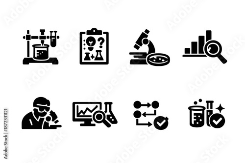  Scientific Experiments. Filled icon set of Scientific Experiments: experiment setup,