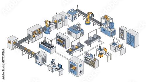 Isometric illustration of a modern automated factory production line with robotic arms and conveyor belts.