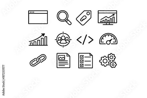  SEO Optimization. Line outline icon set of seo optimization: search engine, magnifying glass