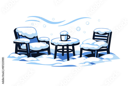  Snow-Covered Outdoor Patio. A quiet patio blanketed in fresh snow, empty chairs and a small