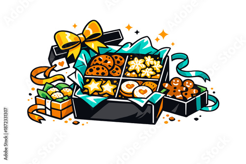  Cookies in Gift Boxes. Neatly packed cookies in an open gift box, ribbons and tissue paper