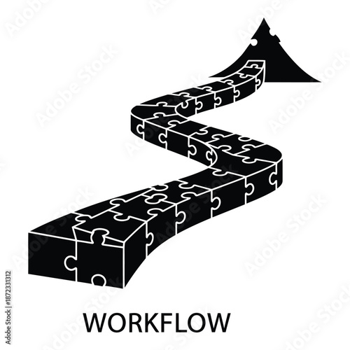 Workflow concept represented by a winding path of puzzle pieces leading to a goal isolated on white background, Vector