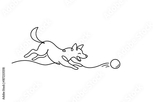  Dog playing with snowball. Minimalistic one-line drawing joyful dog chasing a snowball