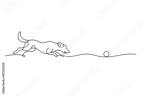  Dog chasing snowball in winter. Minimalistic one-line drawing dog in motion chasing a
