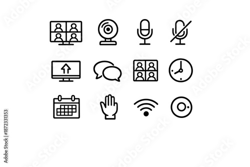  Virtual Meetings. Line outline icon set of virtual meetings: video conference screen, webcam
