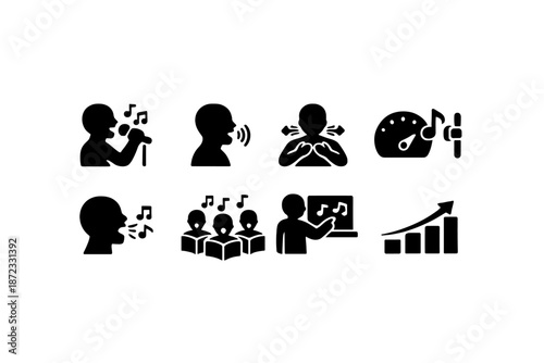  Singing Practice. Filled icon set of Singing Practice: singer microphone, vocal warmup,