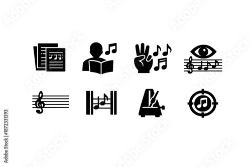  Music Reading. Filled icon set of Music Reading: sheet music pages, note reading, rhythm