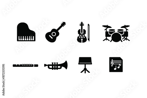  Learning Instruments. Filled icon set of Learning Instruments: piano, acoustic guitar,