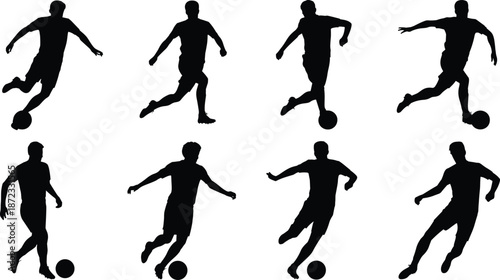 Eight dynamic soccer player silhouettes in action poses with ball, ideal for sports design, athletic graphics, and motion-themed illustrations