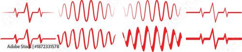 Red waveform illustrations displaying sound waves and audio signal representation