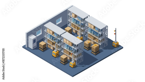 Isometric view of a modern warehouse interior with shelving units, forklifts, and stacked boxes, illustrating logistics and storage operations.