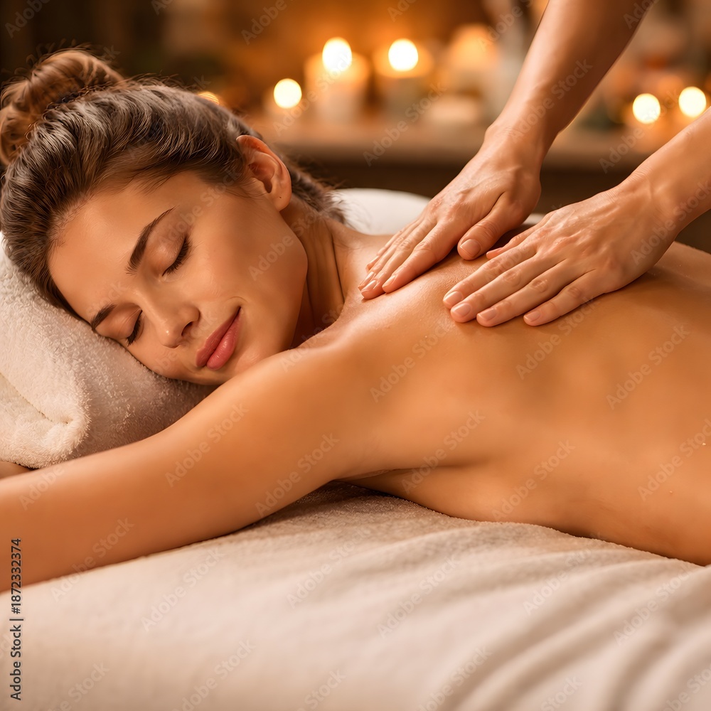 Fototapeta premium Relaxing Spa Massage Treatment Woman Lying On Bed With Candles