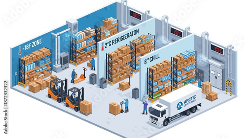 Isometric illustration of a modern cold storage warehouse with different temperature zones for refrigeration and freezing, showing logistics and inventory management.
